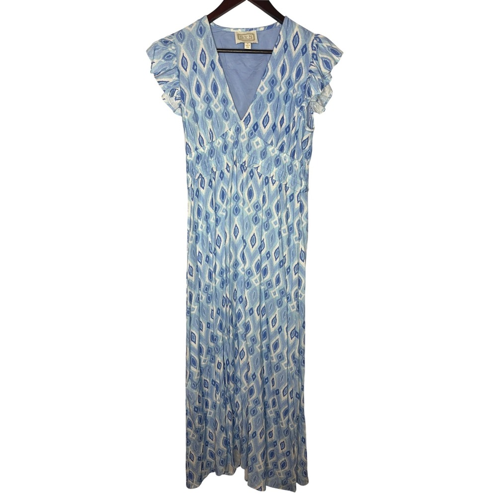 Sail to Sable Maxi Dress Medium Preppy Blue Ikat Flutter Sleeve Linen V-Neck